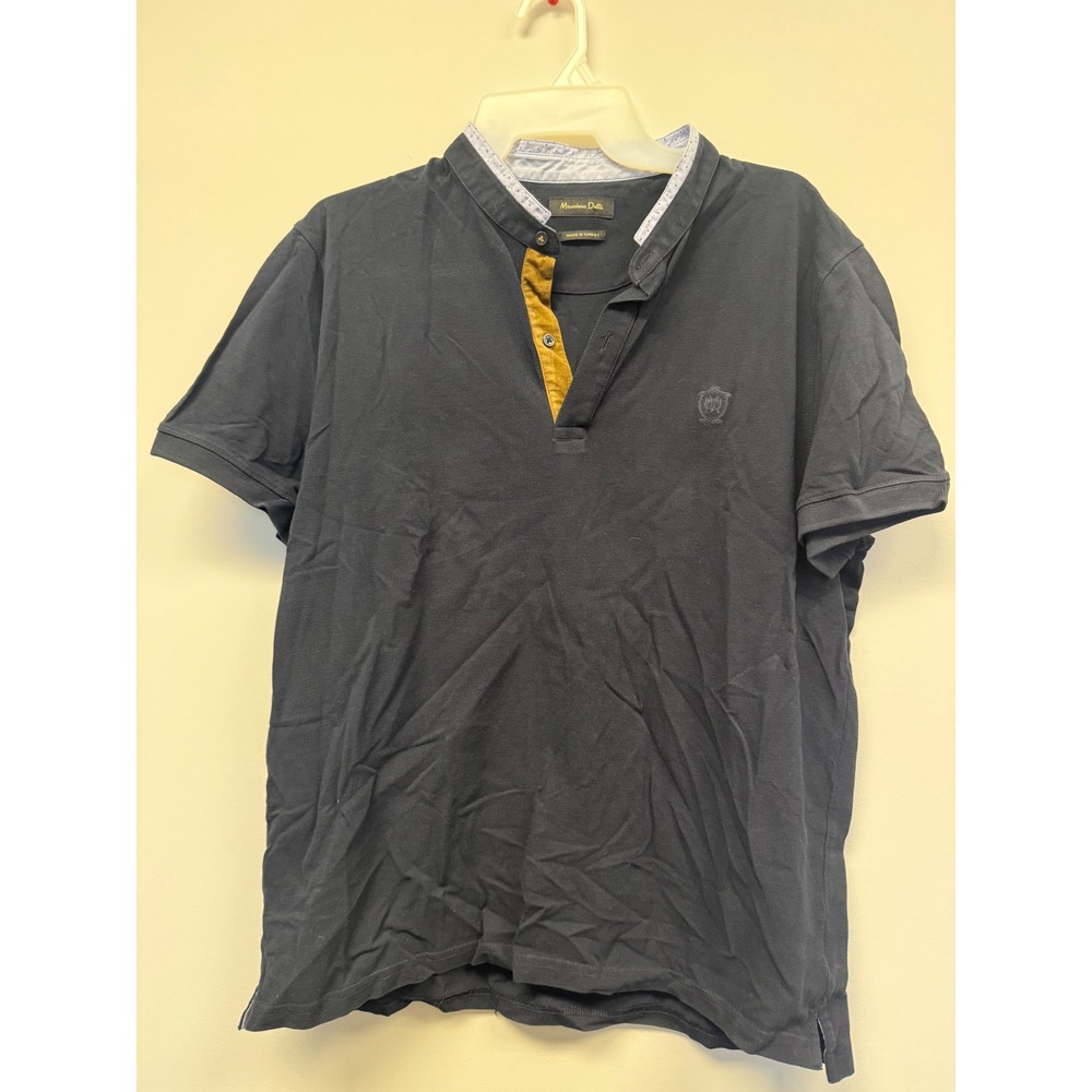 Massimo Dutti Mens XL Navy Blue Mandarin Collar Pique Polo Shirt Suede Trim Logo